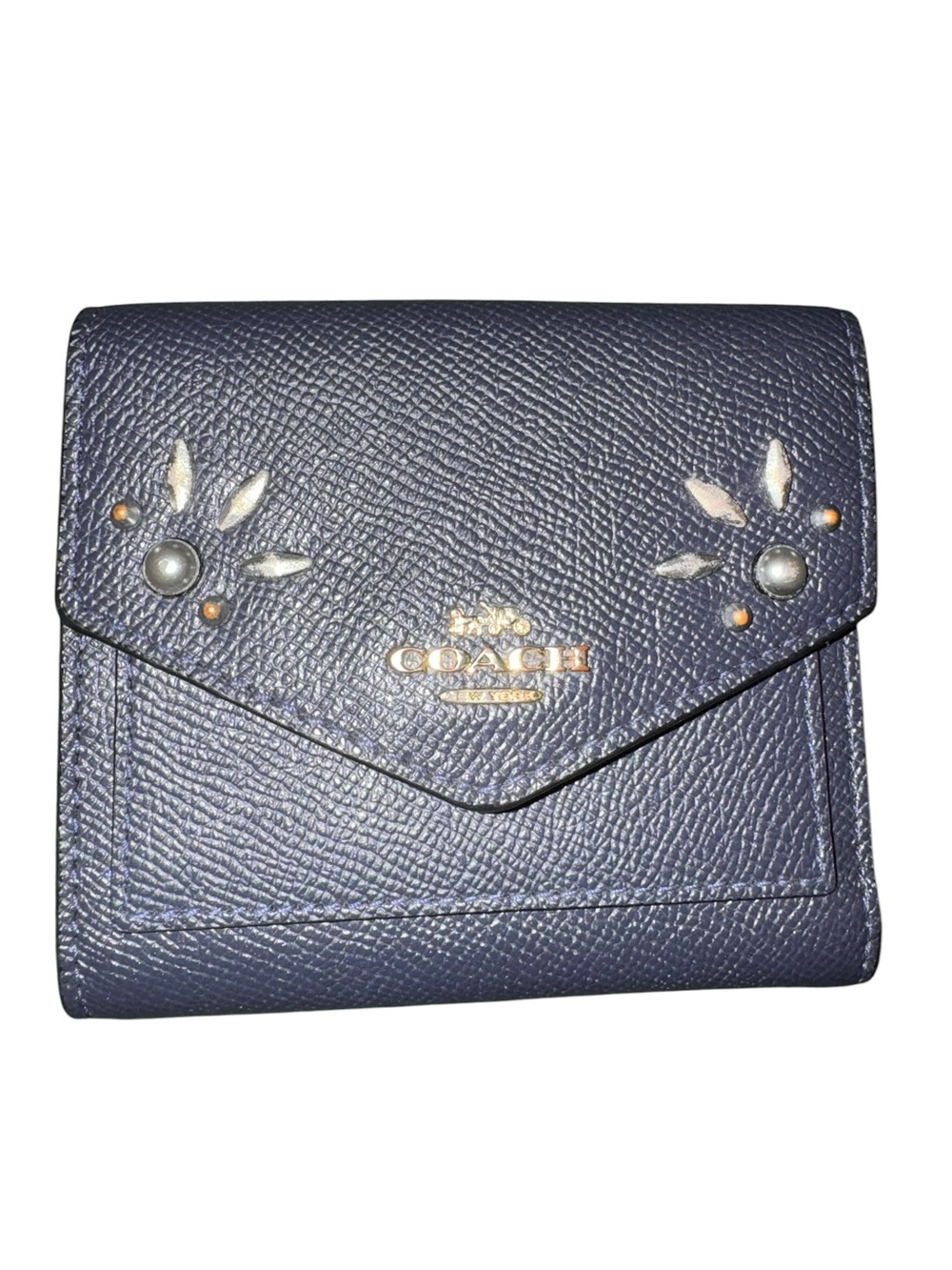 Coach Navy Textured Leather Floral Stud Wallet with Gold Logo